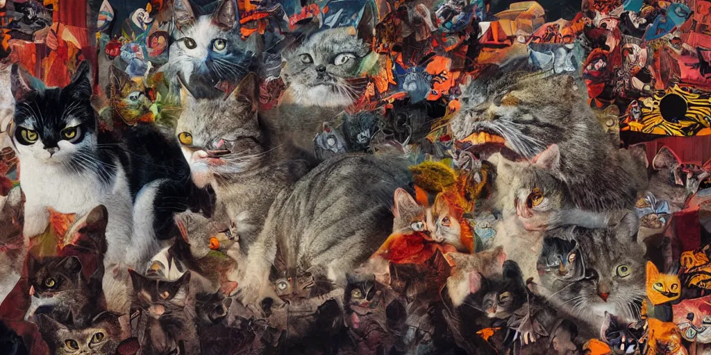 Prompt: mad cats, collage, acrylic on canvas, muralism, high resolution, cinematic, unreal 6 breathtaking detailed, breathtaking detailed, by blake neubert