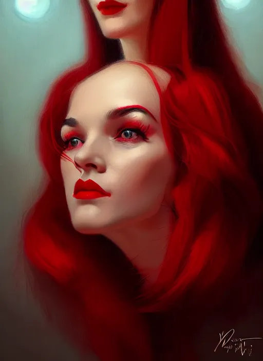 Prompt: portrait of a woman with a crooked nose and a confident expression, 1 9 6 0 s, long hair, red clothes, goth, intricate, elegant, glowing lights, highly detailed, digital painting, artstation, concept art, smooth, sharp focus, illustration, art by wlop, mars ravelo and greg rutkowski