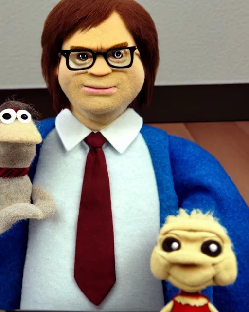 Image similar to film still from the office, dwight schrute as a puppet mumpet!!. highly detailed felt. hyper real photo, octane, jim henson, 4 k.