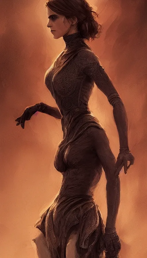 Image similar to emma watson with an very long torso, possibly extra limbs, intricate, detailed, digital painting, concept art, by artgerm and greg rutkowski