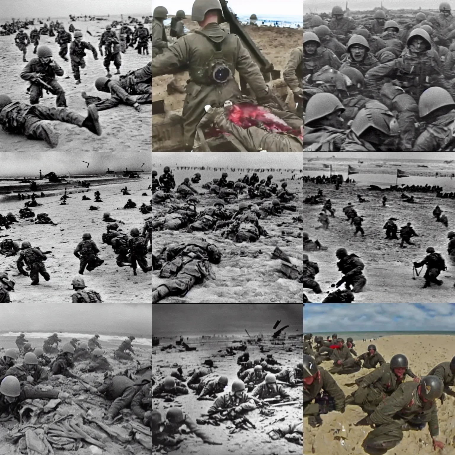 Prompt: gopro footage of d - day normandy beach soldiers getting mangled, blood and bone, red meat shreds