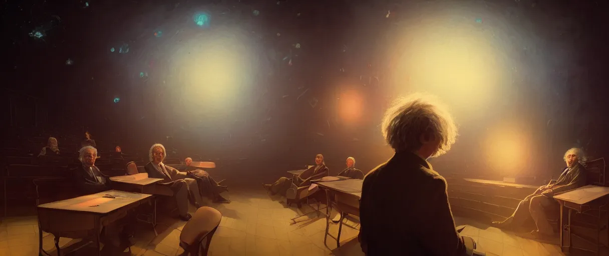 Prompt: portrait of albert einstein in a auditorium with blackboard full of complex equations - cinematic volumetric lighting - art, by wlop, james jean, victo ngai! muted colors, very detailed, art fantasy by craig mullins, thomas kinkade cfg _ scale 8