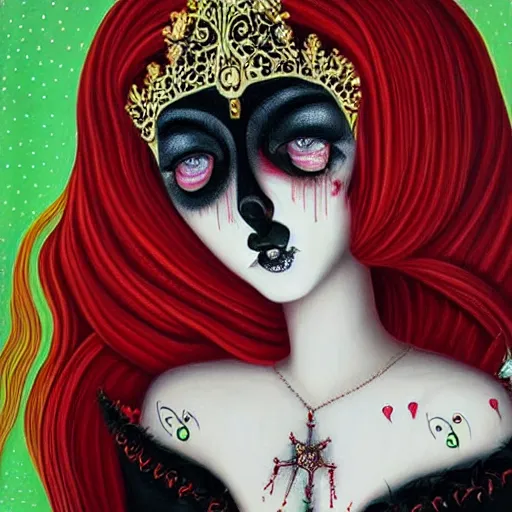 Image similar to a hyperrealistic painting of a beautiful gothic princess crying tears of blood, by Tara McPherson, vivid color, highly detailed,