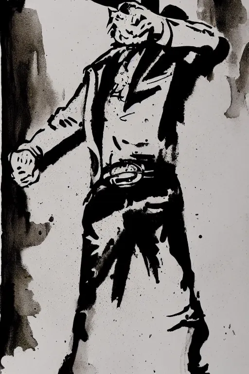 Prompt: ink painting of a single cowboy in style of Sin City by Frank Miller