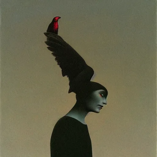 Image similar to young teen female with head of crow , painting by Beksinski