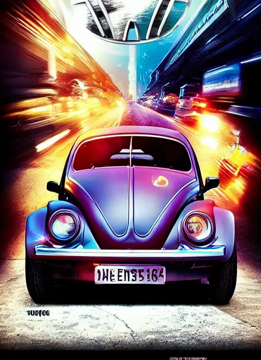 Image similar to back to the future with a volkswagen beetle, movie poster, epic lighting, eighties, sci - fi, artistic