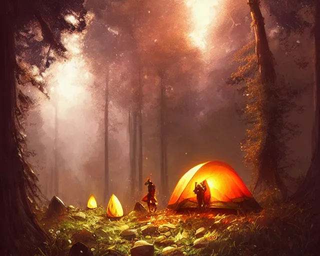 Image similar to humanoid mushroom camping in a forest at night, campire lighting, science fantasy painting, elegant intricate digital painting artstation, greg rutkowski and alphonse mucha, detailed