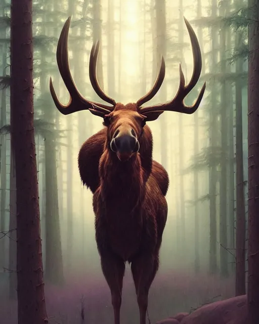 Image similar to highly detailed surreal vfx portrait of a sacred moose, stephen bliss, unreal engine, greg rutkowski, loish, rhads, beeple, makoto shinkai and lois van baarle, ilya kuvshinov, rossdraws, tom bagshaw, alphonse mucha, global illumination, detailed and intricate environment