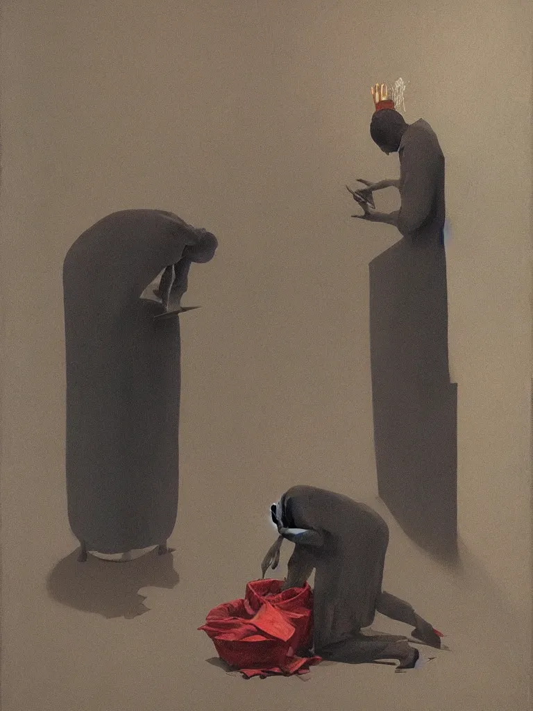 Image similar to magician with a trash over his head praying to a trash bin Edward Hopper and James Gilleard, Zdzislaw Beksinski highly detailed