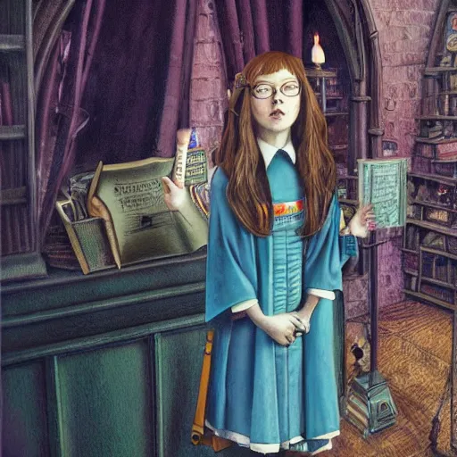 Prompt: Tiffany Aching as a ravenclaw student in Hogwarts School of Witchcraft and Wizardry, detailed, hyperrealistic, colorful, cinematic lighting, digital art by Paul Kidby