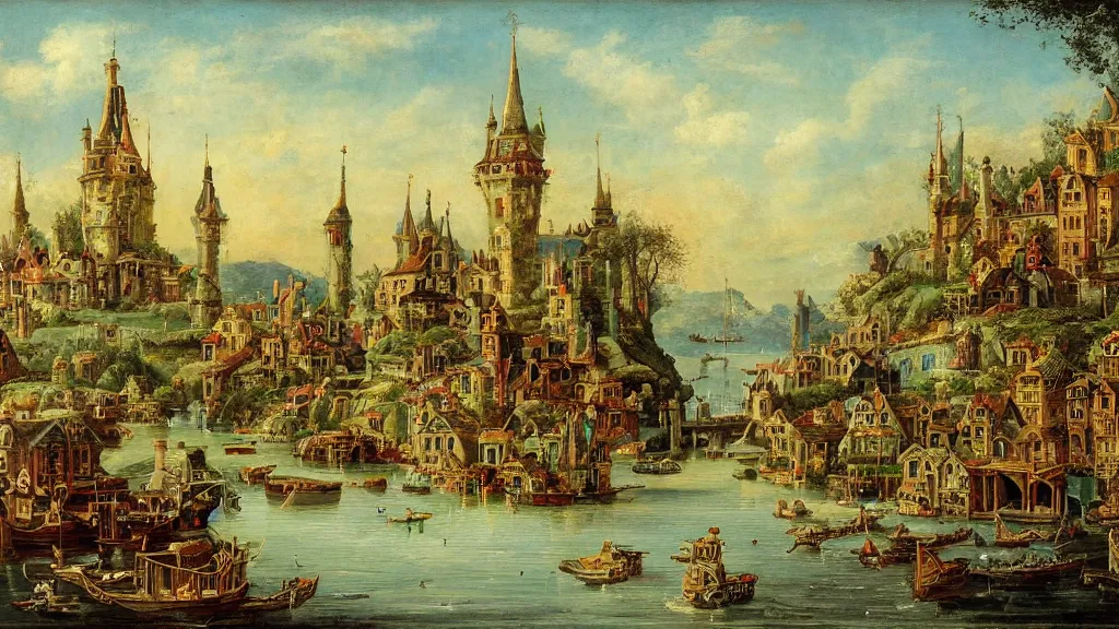 Image similar to an old enchanted fantasy town, viewed from the harbor, by jean - baptist monge,