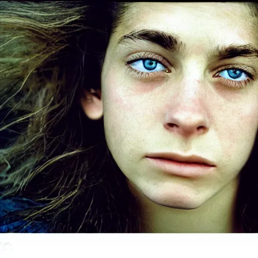 Image similar to a candid extreme closeup portrait of an expressive face of a young woman in love by annie leibovitz