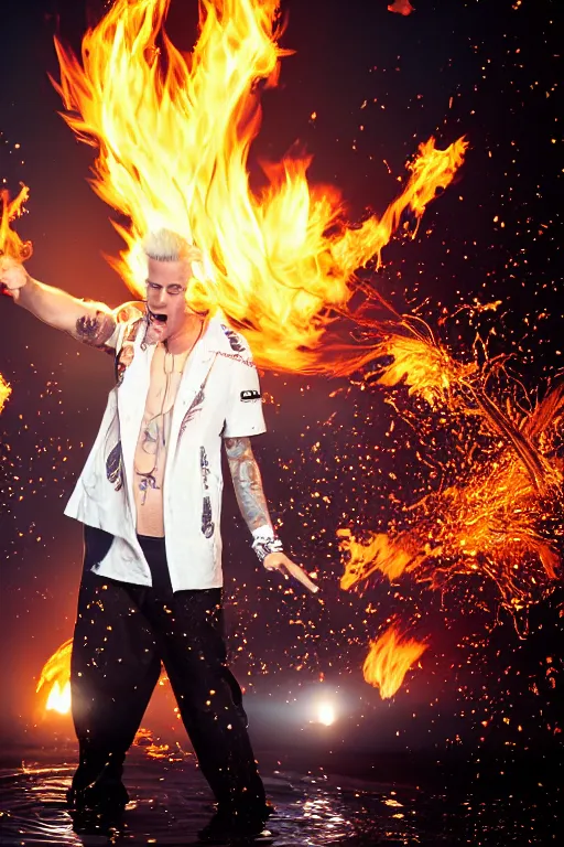 Prompt: scooter rapper baxxter with white hair standing in water shouting in the microphone with explosion and flames in background, full body, white shirt, black pants, reflection in water, volumetric lighting, golden ratio