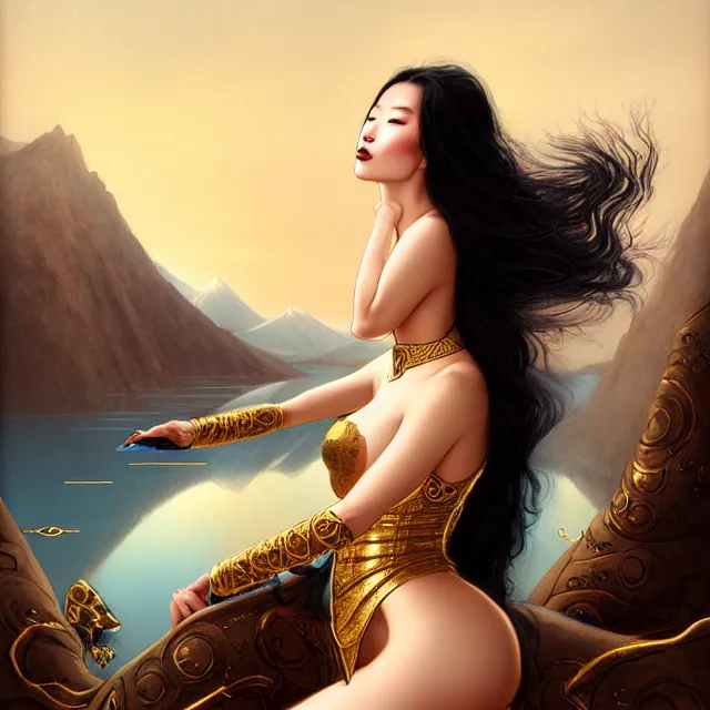 Prompt: cinematic portrait of a sexy mongolian princess in a sensual pose fully covered with golden ornate armor, sexy face with full makeup, in the art style of bowater, charlie, brom, gerald, with lake baikal in the background, astrophotography