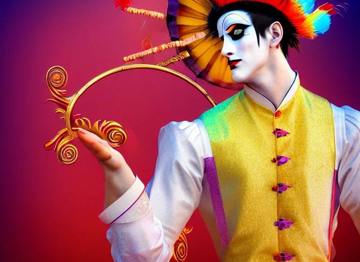 Prompt: award winning digital art of a attractive male pierrot wearing a traditional pierrot ’ s outfit, performing at a magnificent carnival with lots of colors, beautiful circus themed background, trending artstation, digital art, aesthetic, bloom, intricate, elegant, sharp focus, digital illustration, highly detailed, octane render, digital painting, concept art, witchlight carnival, masterpiece