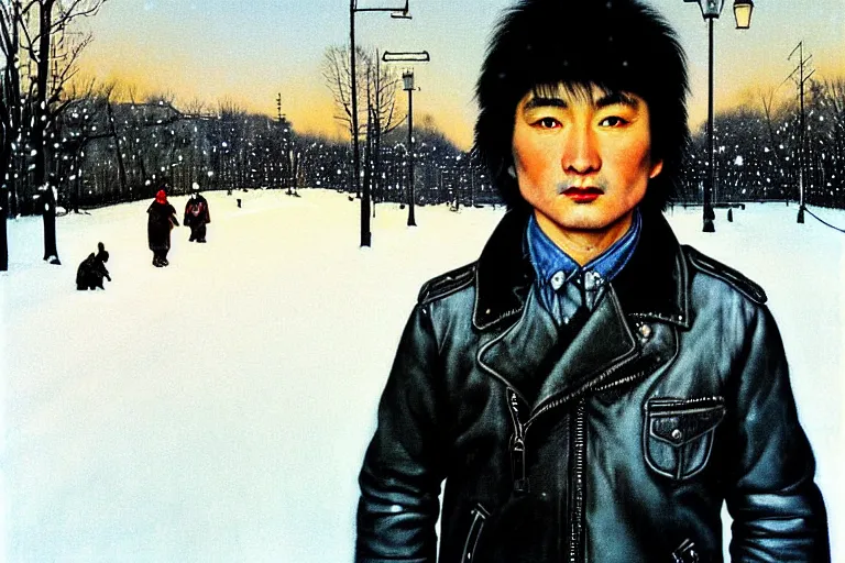 Image similar to beautiful snow - covered victor tsoi korean from back standing on alley with street lamps in park with pines to the horizon, dressed in short leather jacket, snowfall at night, 1 9 8 0 s mullet haircut, black hairs, half - length portrait, perfect symmetrical eyes, cinematic by norman rockwell, painting, digital art, detailed, hyperrealism, igla