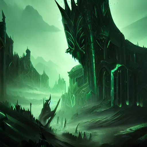 Prompt: The blade of the ruined king, digital illustration, ethereal, the void, ominous green background, very detailed, stylized, concept art, trending on artstation, high definition, by Riot Games, League of legends