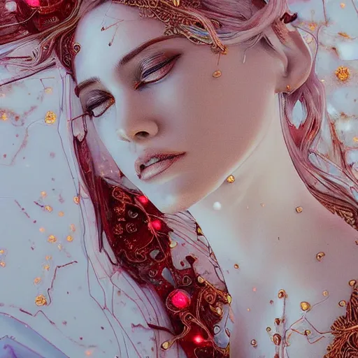 Image similar to abstract highly detailed female drawing made of white marble and red crystals quartz and minerals, ethereal lights, fine details, artstation, digital paint, fantasy, artstation, design, illustration, 8 k, intricate golden filigree, octane render, hypperrealistic painting, abstract liquid, concept art, painting by james gilleard and minna sundberg