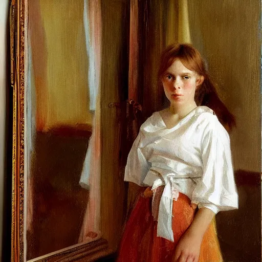 Prompt: painting representing an alone girl in her room looking at herself in the mirror in the style of Anders Zorn