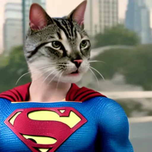 Image similar to movie still of superman with a cat head, 8 k, dof, film grain