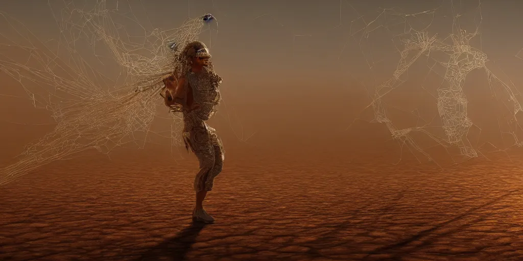 Prompt: A George Miller film, an ornate real character made out of intricate metallic filament webs and Endocrine system built out of dust and light, floating in the desert sunset, sandstorm, hyper-realism, very detailed feel, rendered in Octane, tiny points of light, caustic, 4k, beautiful lighting, colorful, vibrant