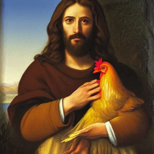 Prompt: jesus christ holding a chicken, portrait,