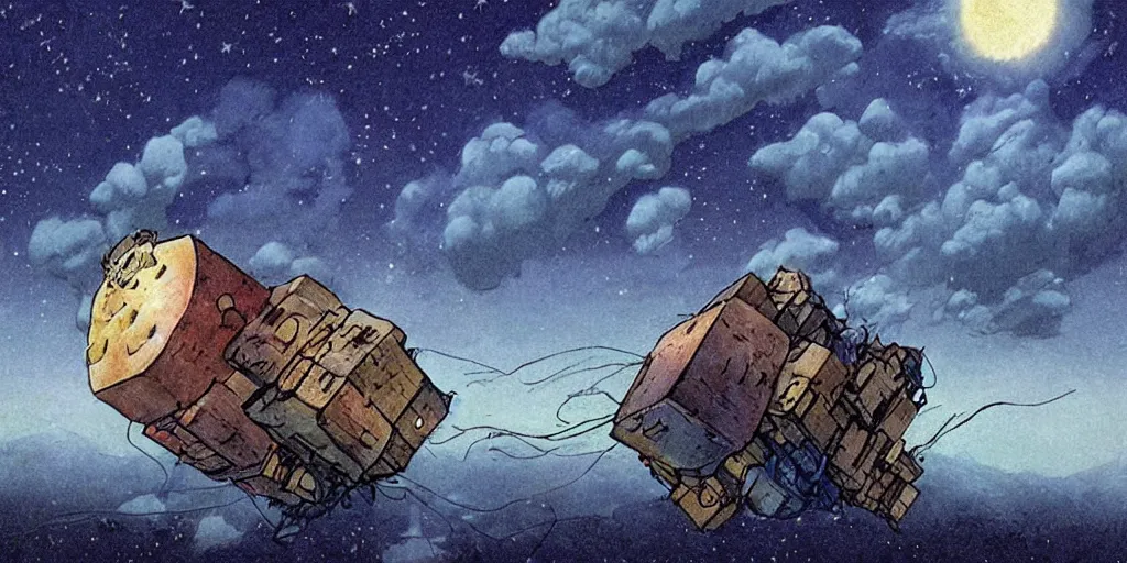 Image similar to a realistic cell - shaded concept art from howl's moving castle ( 2 0 0 4 ) of a huge floating cube from close encounters of the third kind ( 1 9 7 7 ). it is a misty starry night. a mammoth is in the background. very dull colors, hd, 4 k, hq