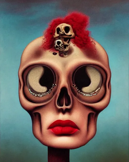 Prompt: a surrealistic head and shoulder painting of a gorgeous human skull with eyeballs and red lipstick, in the style of rene magritte and zdzislaw beksinski and mark ryden, digital art, detailed masterpiece