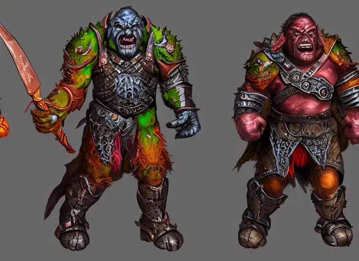 Image similar to three different views of orcs in armour, colourful intricate! concept art by senior character artist, trending on artstation, artstation hd, full body, official art