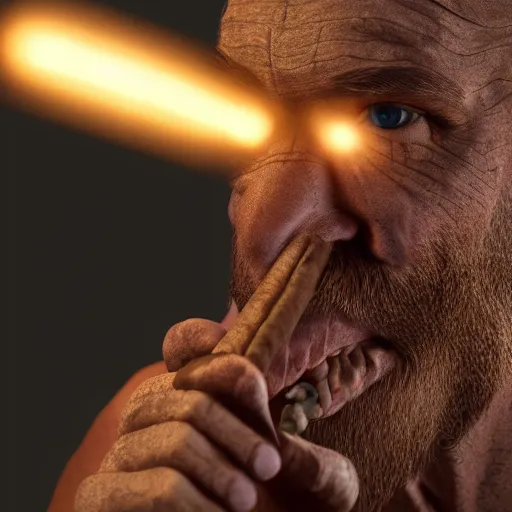 Prompt: realistic photo portrait of a prehistoric man smokibg cigar, volumetric lights, trending on artstation, studio photo, intricate details, highly detailed