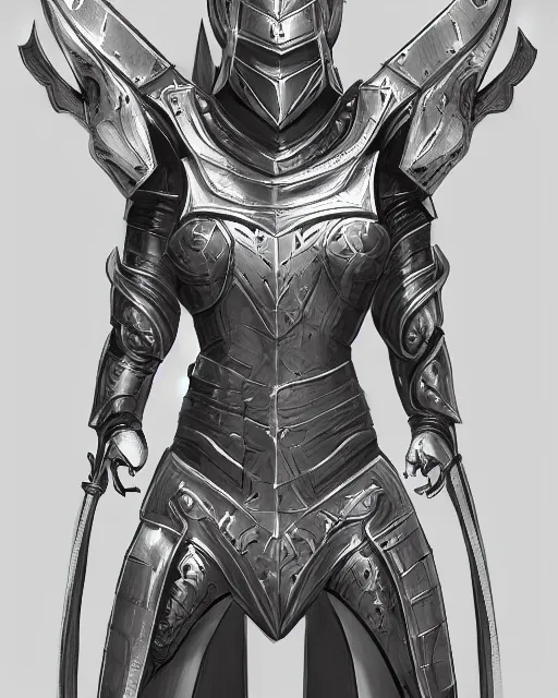 Prompt: noble armor, medieval fantasy concept art, trending on artstation, shiny silver with gold accents, flat shading, smooth lines, extremely clean, uncluttered, symmetrical, front view, simple line art