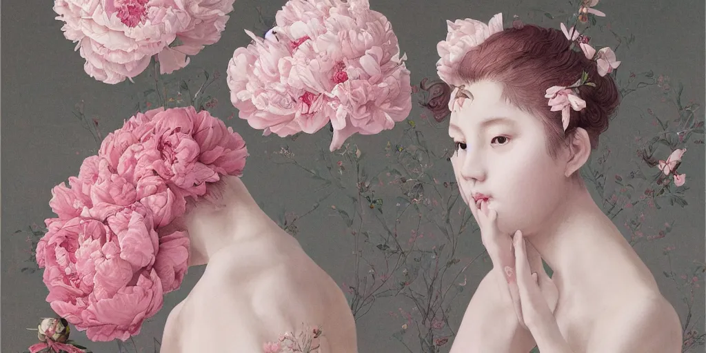 Image similar to breathtaking detailed concept art painting blend of few pink short hair goddesses of peonies flowers by hsiao - ron cheng with anxious piercing eyes, vintage illustration pattern with bizarre compositions blend of flowers and fruits and birds by beto val and john james audubon, exquisite detail, extremely moody lighting, 8 k