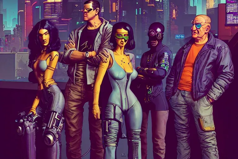 Image similar to cyberpunk heist crew. portrait by stonehouse and mœbius and will eisner and gil elvgren and pixar. character design. realistic proportions. dystopian. cyberpunk 2 0 7 7, apex, blade runner 2 0 4 9 concept art. cel shading. attractive face. thick lines. hi def 4 k. the team. detailed characters.