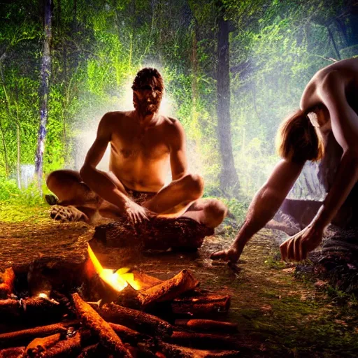 Image similar to spartan doing ayahuasca ritual with wolf and shaman at camp fire, jungle background, full moon with stars, hyper realistic award winning photographic portrait photography, dramatic cinematic lighting
