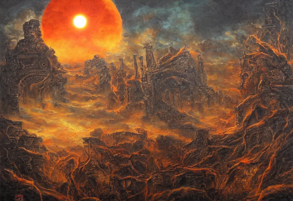 Image similar to shadow of the tyrant Sun above the ruins of the old kingdom red sun dead sky necromantic solar mythos, award winning oil painting, dead mythos palette