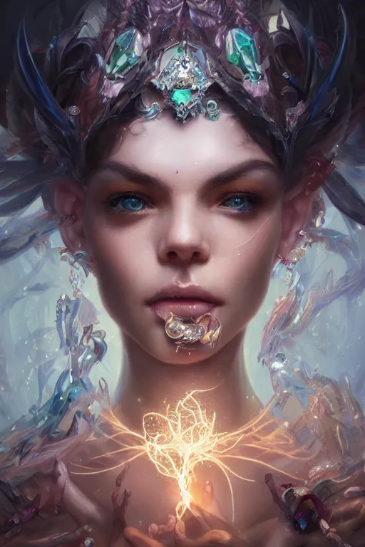 Image similar to beautiful model face coreved with diamonds wearing crystals, diamonds, angel, fantasy, dramatic lighting, highly detailed, digital painting, holding electricity, magic the gathering, hyper detailed, 3 d render, hyper realistic detailed portrait, peter mohrbacher, wlop, ruan jia