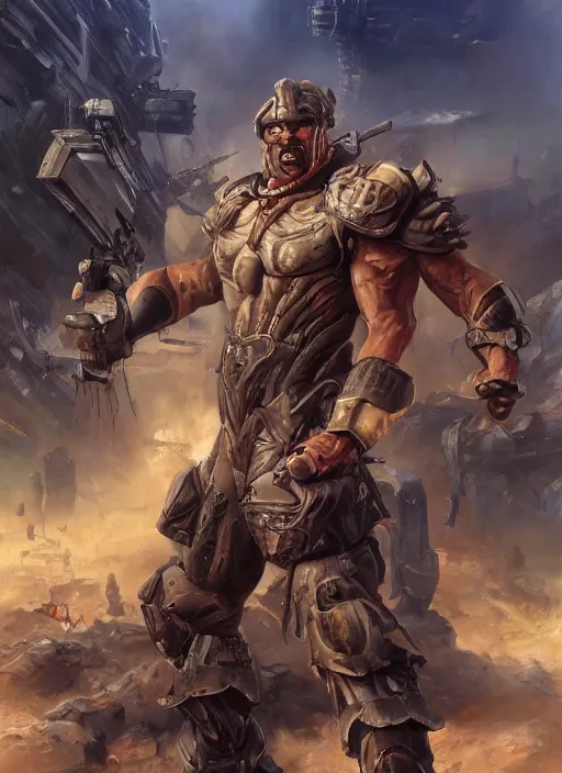 Image similar to portrait of a handsome brute warrior in a futuristic warzone. art by denys tsiperko and dan dos santos and boris vallejo. detailed, hyperrealism, macho, 8 k resolution