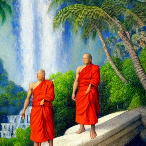 Prompt: a ultradetailed beautiful painting of monks standing in front of the diamonds waterfall in the amazonas palace balustrade designed by jules bastien - lepage, tarsila do amaral, frank weston and gustave baumann, beach, trending on artstation, mediterranean, palm trees, sharp focus, soft light, 8 k 4 k