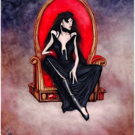 Image similar to fantasy painting of a beautiful dark princess, style of gerald brom, dark hair, black and red dress, blue eyes, sitting on a dark wooden throne, drinking coffee