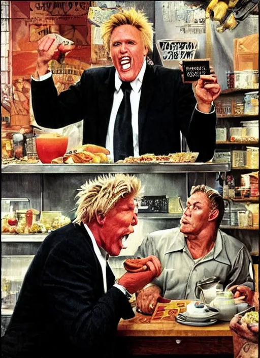 Image similar to gary busey is presented with the worst kind of food in a cafe and vows to eat the chef, by rick berry and norman rockwell