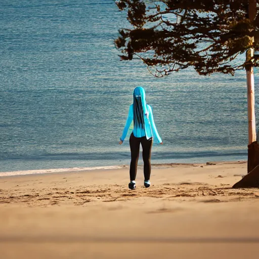 Prompt: photo of hatsune miku cosplayer takes a walk on late evening beach, f 2,4