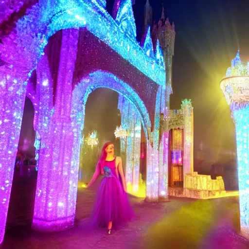 Image similar to crystal palace, magical, fantasy, glowy, light, prince and princess