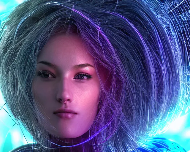 Image similar to glowing hair, complex cybernetic beings, beautiful hairy humanoids, cybermagnetosphere, cybernetic civilizations, ornate hair, love, joy, vortexes, large arrays, data holograms, 8 k, cinematic light shadows, wet hdr refractions, *, * * *, * * * * *