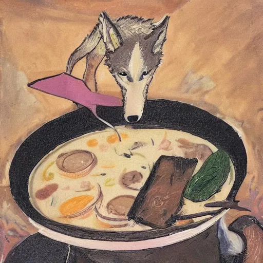 Image similar to a wolf drinking soup