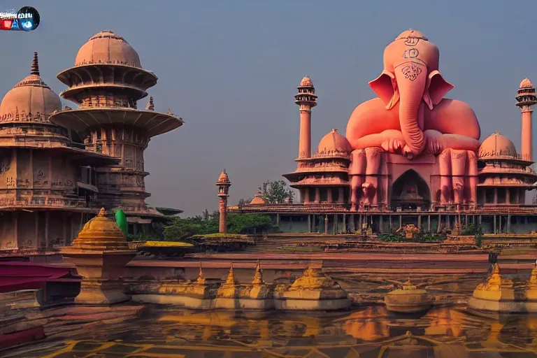 Image similar to beautiful futuristic new delhi, sharp sci - fi ganesha!! building, kalighat flowers, highly detailed cinematic, stephen shore & john j. park, soft morning light, wide shot, ground angle, uhd 8 k, shallow depth of field