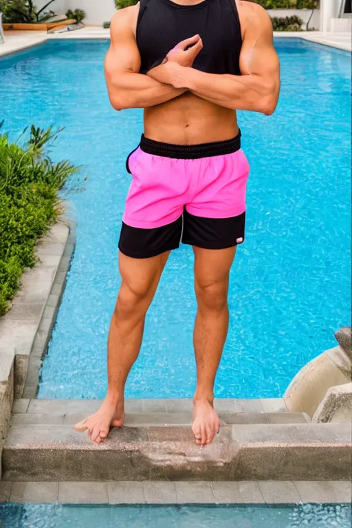 Image similar to a handsome male humanoid android with blonde hair, ken, muscular wearing a cut-off black crop top and short light pink shorts standing by a swimming pool, shiny glossy skin