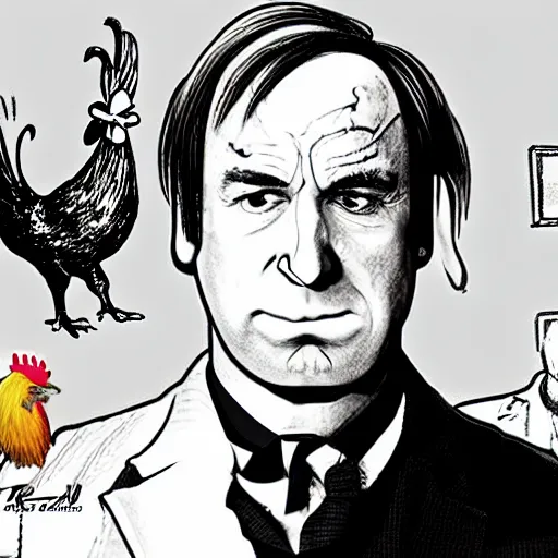 Prompt: saul goodman and a rooster in a medieval torture chamber, saw blades and knives in the background, horror movie, saul goodman!!, rooster!!!!!!, real life photo, detailed face