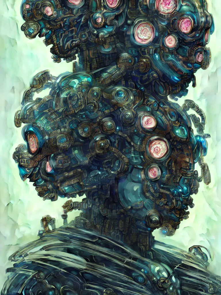 Image similar to asura from chinese myth, ghost, gorgeous and huge head ornaments, dystopian, cyberpunk, organic fractal mycelum and fungi, mecha, halfturn portrait of a big crystal face made of crystals half - turn, ominous, intricate, studio, art by anthony macbain + greg rutkowski + alphonse mucha, concept art, 4 k, sharp focus