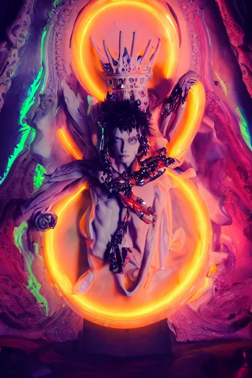Image similar to photo of fullbody rococo and cyberpunk delicate neon crystalline sculpture of seductive muscular onyx albino marble prince liam payne orange iridescent humanoid deity wearing pink plastic hooded cloak holding an onyx skull in a onyx space dungeon, reclining, glowing yellow face, crown of white diamonds, cinematic lighting, photorealistic, octane render 8 k depth of field 3 d