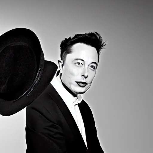 Image similar to a glamorous black and white portrait of elon musk with a hat, in the style of helmut newton